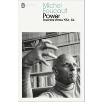 Black and white book cover of "Power" by Michel Foucault, featuring a man gesturing in front of bookshelves.