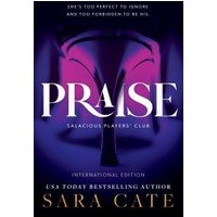 "Purple and black book cover titled 'Praise' by Sara Cate, featuring abstract design and bold white lettering"