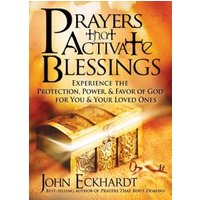 "Book 'Prayers That Activate Blessings' by Charisma House, features glowing chest and ornate text on a warm-toned cover"