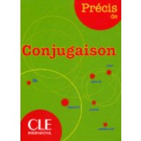 Green "Précis de Conjugaison" book by CLE International with red and yellow text and circular design elements.