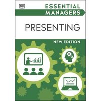 "Green and white book 'Presenting' from Essential Managers series, featuring icons of graphs and gears on cover"