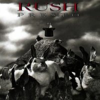 Vinyl record cover "Presto" by Vinyl Castle featuring rabbits on a hill under a cloudy sky with a floating top hat.
