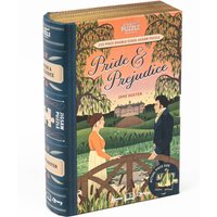 "Pride & Prejudice" hardcover book with illustrated cover of a couple on a bridge, vintage design.