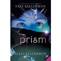 "Prism book cover with shattered glass effect, eyes peering through, and dark blue and purple hues"