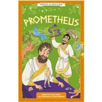 "Illustrated book cover of 'Prometheus' with two figures in togas, mythical creatures, and a vibrant orange border"