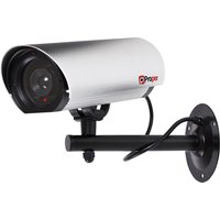 Silver ProperAV dummy security camera with black mounting bracket and cable, 23cm aluminium body.