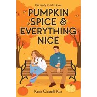 Book cover: "Pumpkin Spice & Everything Nice" with a couple on a bench, autumn leaves, pumpkins, and warm colors.