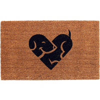 Coir doormat with black heart-shaped puppy design on a natural brown background.