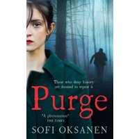 Book cover for "Purge" by Sofi Oksanen, featuring a woman in a green coat and a silhouette in a misty forest.