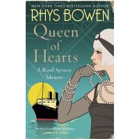 Book cover for "Queen of Hearts" by Rhys Bowen, featuring an illustrated woman in pearls and gloves, with a ship in the background.