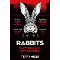 Book cover for "Rabbits" by Terry Miles, featuring a black and white rabbit illustration on a red and black background.