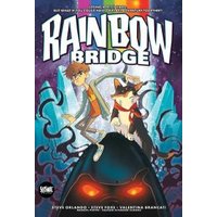 "Rainbow Bridge graphic novel cover with boy, cat, and mystical elements in vibrant colors and cosmic background"