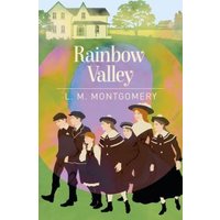 "Book cover of 'Rainbow Valley' by L.M. Montgomery, featuring children in vintage clothing walking in front of a house."