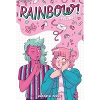"Rainbow Volume 1 comic book with pink and teal characters, doodles, and playful typography on the cover"