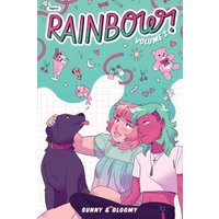 Comic book "Rainbow. Volume 2" with colorful cover art featuring two characters and a black dog against a playful backdrop.