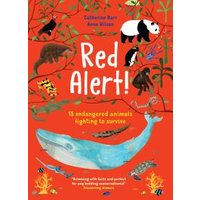 "Red Alert! children's book with red cover, featuring illustrations of animals like a whale, panda, and insects"