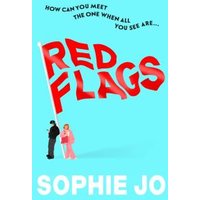 Book cover for "Red Flags" by Sophie Jo, featuring a red flag with two people standing below on a light blue background.