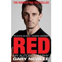 "Red autobiography book by Gary Neville, featuring a black and white cover with bold red title and author's portrait."