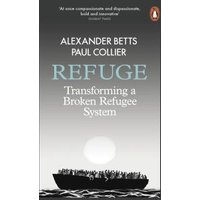 Book cover of "Refuge" by Alexander Betts and Paul Collier, featuring a black boat on a grey gradient background.