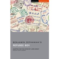 "Book 'Refugee Boy' by Benjamin Zephaniah, cover with passport stamps and gray title block."