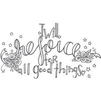 "Spellbinders 'Rejoice' stamp with floral accents and stars, reads 'I will rejoice for all good things' in cursive."