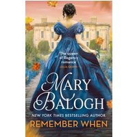 "Remember When book by Mary Balogh, features woman in blue dress, autumn leaves, and grand estate in background"