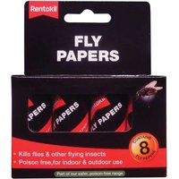 Rentokil Flypapers pack, black box with red accents, contains 8 flypapers, poison-free for indoor and outdoor use.