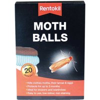 Rentokil Moth Balls box, black with red and white text, image of moth and clothes, 20 balls included.