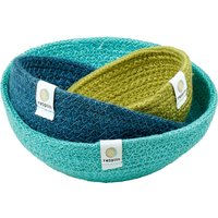 Respiin Mini Jute Bowl Set in ocean colors; teal, blue, and green woven bowls with brand tags.