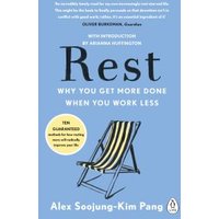 Blue book cover titled "Rest" with a striped deck chair illustration and yellow circle highlighting ten guaranteed methods.