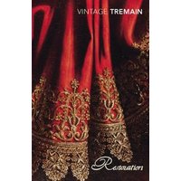 Red and gold ornate fabric with intricate embroidery, labeled "Restoration" and "Vintage Tremain" at the top.