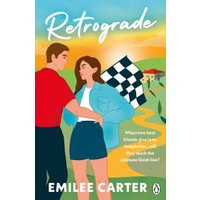 "Retrograde book cover with a couple embracing, woman holding a checkered flag, colorful landscape background"