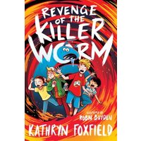 "Revenge of the Killer Worm book cover with kids running from a giant worm, vibrant red and orange swirls"
