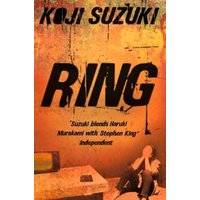 "Orange and black cover of 'Ring' by Koji Suzuki, featuring bold text and a blurred image of a person sitting."
