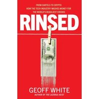 Red book cover titled "Rinsed" with a dollar bill on a clothesline and water dripping, by Geoff White.