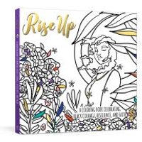 "Rise Up coloring book with floral and woman illustration, gold lettering, and vibrant accents on a white background"