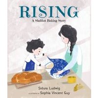 "Children's book 'Rising' with illustrated mother and child baking challah bread on cover."