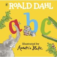 Roald Dahl's ABC book, yellow cover, colorful letters, illustrated by Quentin Blake, featuring an elephant and crocodile.