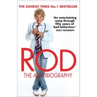 "Rod Stewart autobiography book cover with him in a white suit and striped tie, red title text 'ROD' at the bottom"