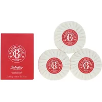 Red box with three round white soaps, each with a red center label featuring the Roger & Gallet logo.