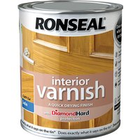 Ronseal interior varnish can, quick dry satin light oak, 750ml, with door image and Diamond Hard protection label.