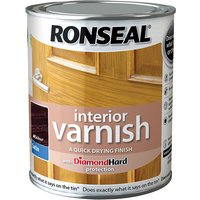 Ronseal interior varnish can, quick dry satin walnut finish, 750ml, with wooden door image on label.
