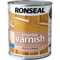 Ronseal 36871 Interior Varnish Quick Dry Satin Clear 750ml can with wood door image and Diamond Hard protection label.