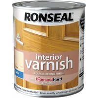 Ronseal Interior Varnish can, 2.5L, satin clear finish, with wood door image and blue quick dry label.