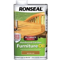 Ronseal hardwood furniture oil can, natural oak, 1 litre, with garden bench image and red "Ultimate Protection" label.