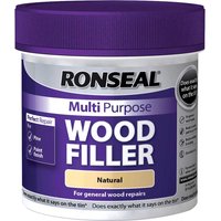 Purple-lidded Ronseal Multi Purpose Wood Filler Tub, labeled for natural wood repairs and general use.