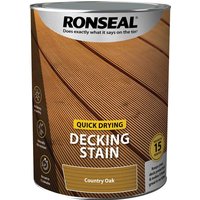 Ronseal Quick Drying Decking Stain can with wood grain design, labeled "Country Oak," promises 15-year protection.