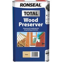 Blue Ronseal Total Wood Preserver can with images of treated wood and house, silver and white text, clear finish label.