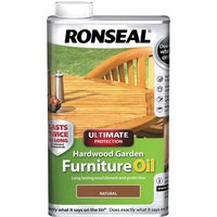 Ronseal Ultimate Protection Hardwood Garden Furniture Oil in a rectangular can with a wooden chair image and green label.