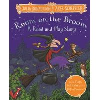 "Room on the Broom children's book with witch, broom, and animals on purple cover"